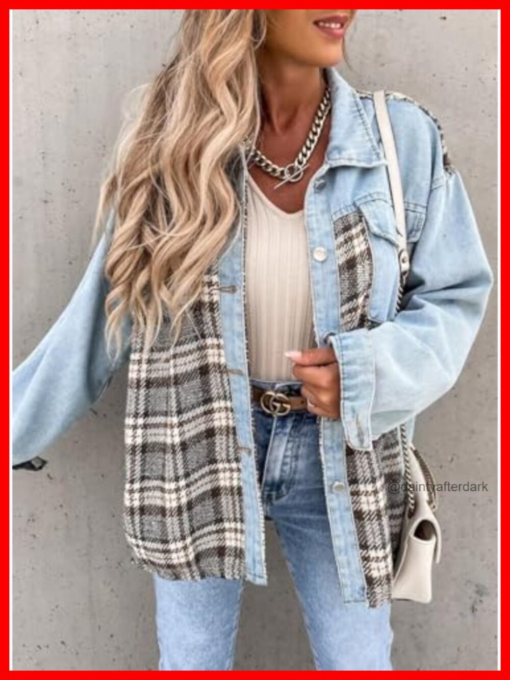 Oversized Plaid Denim Shacket Button Down Long Sleeve Jean Jacket - Picture 3 of 6